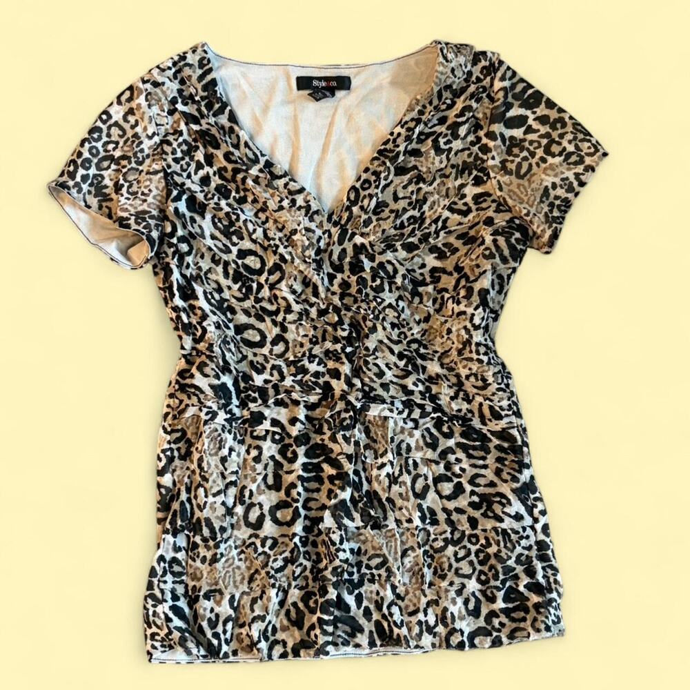 Style & Co. Leopard Print Ruffled V-Neck Blouse - Size S